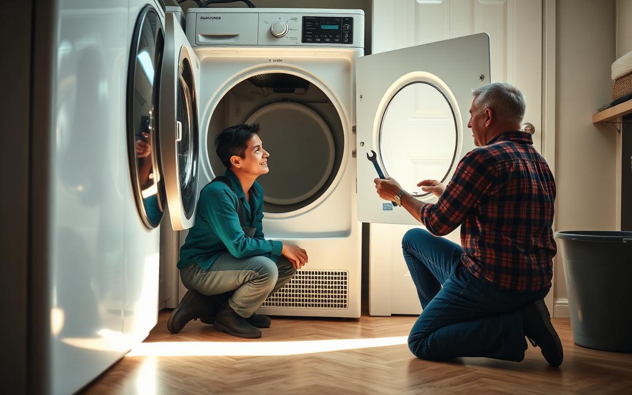 Appliance repair technician answering questions from a homeowner before beginning a repair job.
