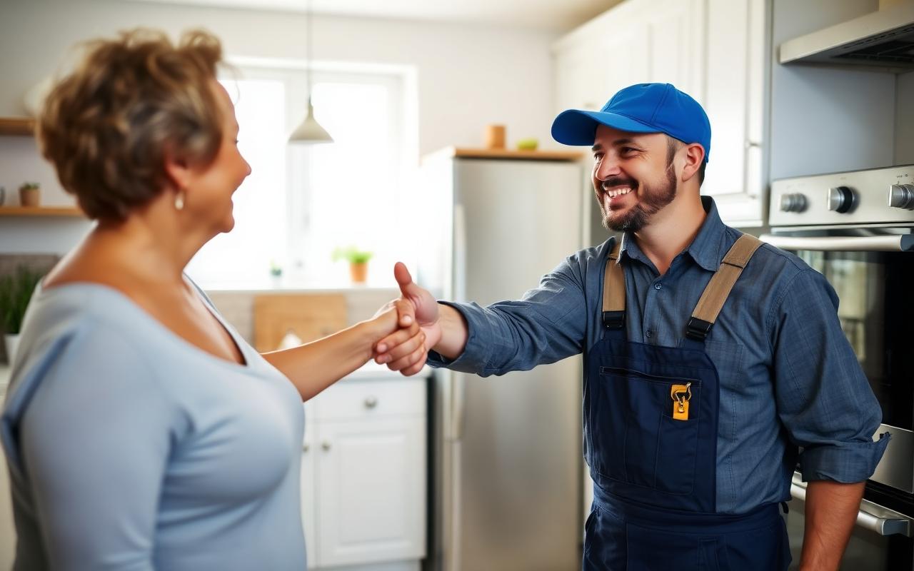 Satisfied homeowner speaking with an appliance repair technician after a successful in-home repair service.