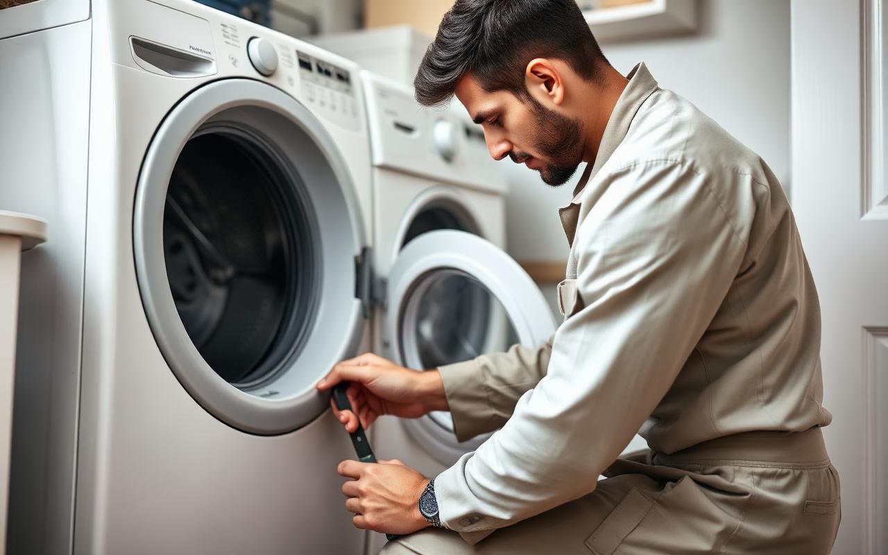 Appliance repair technician servicing a residential washer or dryer in a home laundry room.